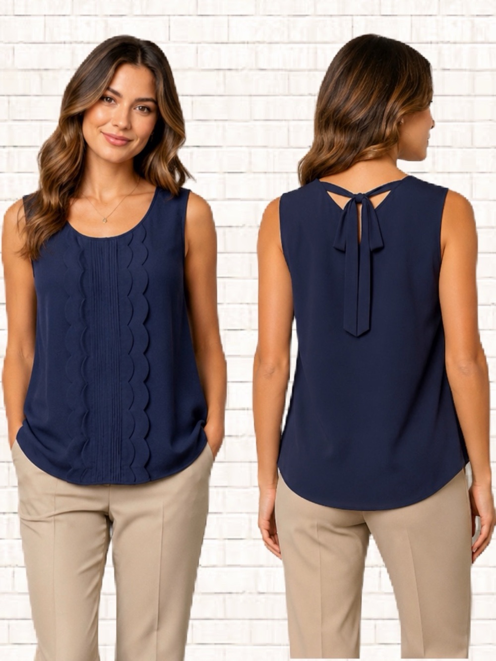 Talbots sleeveless tie back blouse with scallop detail navy blue Medium EUC OBO